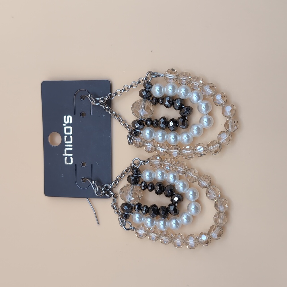 Chico's Multi Strand Faceted Glass Beads and Faux Pearl Statement Earrings NWT